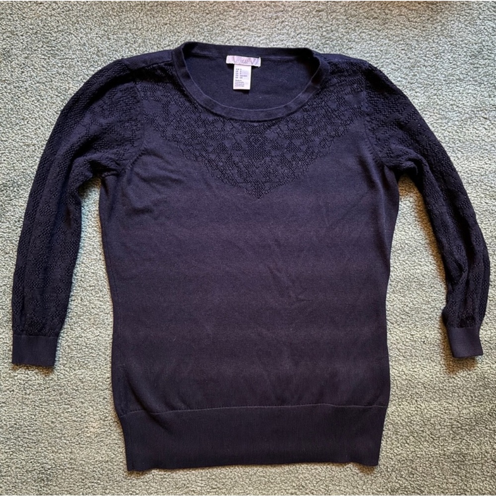 H&M Black Cotton 3/4 Sleeve Sweater With Crochet Lace Sleeves - Small